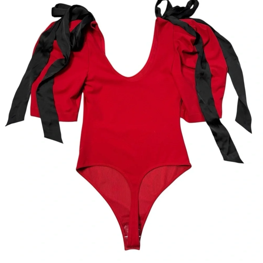 NWT New Free People What A Girl Wants Bodysuit Red Black Ties Bodysuit Size S